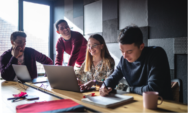 Four people working together